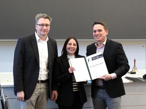The Berlin Young Talents Award for Fluorine Chemistry 2019 goes to Dr. Diana Gimenez-Ibanez, f.l.: Prof. S. Hasenstab-Riedel (FU-Berlin), Dr. D. Gimenez-Ibanez (Durham), S. Gutmann (Solvay)